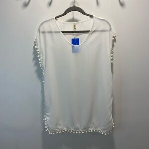 Elegant White Pom-Pom Trim Swim Coverup